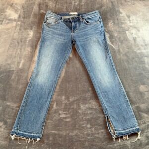 Free People Womens Straight Leg Jeans Size 28 Mid Rise Raw Fray Hem Ankle Slit